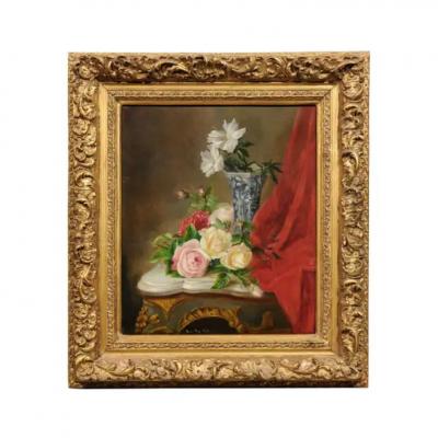 French 19th Century Gilt Frame Oil Painting Depicting Flowers on a Rococo Table