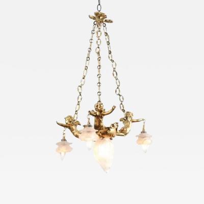 French 19th Century Gilt Metal Chandelier with Three Cherubs Holding the Lights