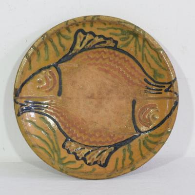 French 19th Century Glazed Folk Art Ceramic Platter Bowl Depicting Two Fish