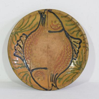 French 19th Century Glazed Folk Art Ceramic Platter Bowl Depicting Two Fish