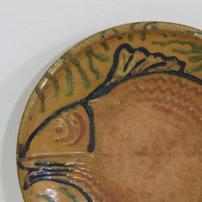 French 19th Century Glazed Folk Art Ceramic Platter Bowl Depicting Two Fish