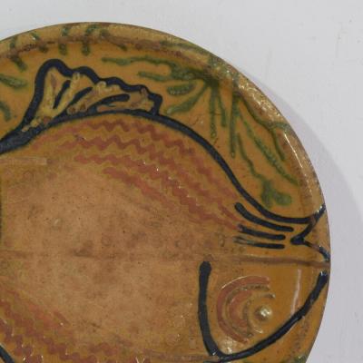 French 19th Century Glazed Folk Art Ceramic Platter Bowl Depicting Two Fish