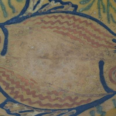 French 19th Century Glazed Folk Art Ceramic Platter Bowl Depicting Two Fish