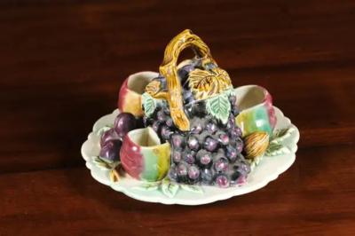 French 19th Century Glazed Majolica Lidded Fruit Dish with Grapes