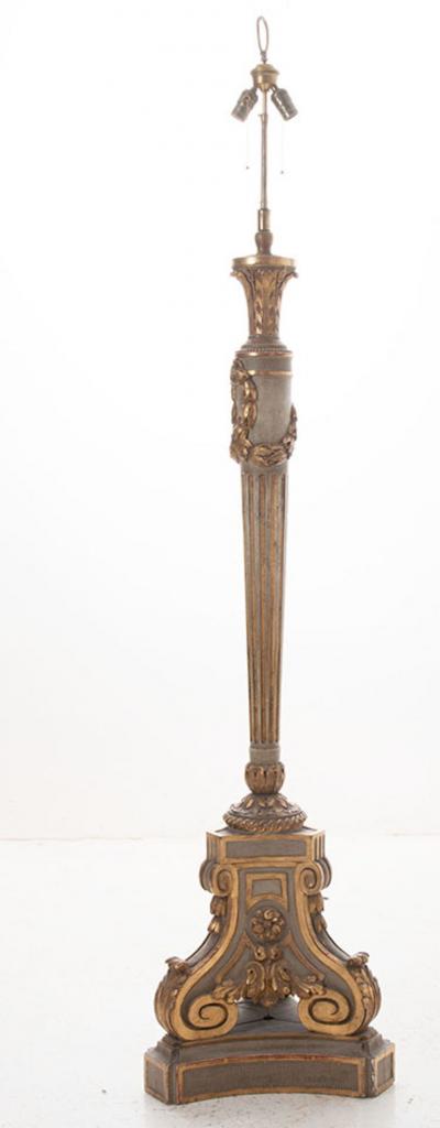French 19th Century Large Painted and Gilt Candlestick Floor Lamp