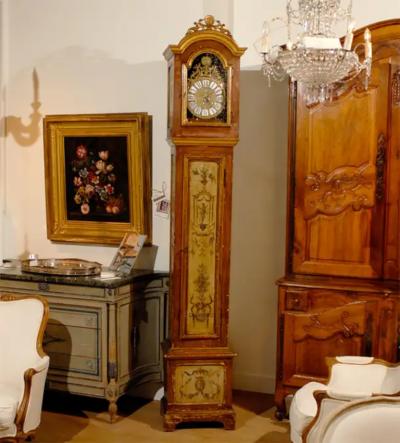 French 19th Century Longcase Painted Clock with Carved Crest and Classical D cor