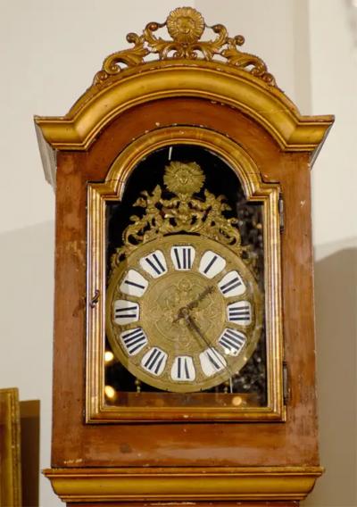 French 19th Century Longcase Painted Clock with Carved Crest and Classical D cor