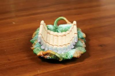 French 19th Century Majolica Asparagus Serving Tray with Oval Foliage Plate