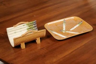 French 19th Century Majolica Asparagus Tray with Cradle and Wicker Motif