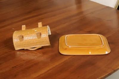 French 19th Century Majolica Asparagus Tray with Cradle and Wicker Motif