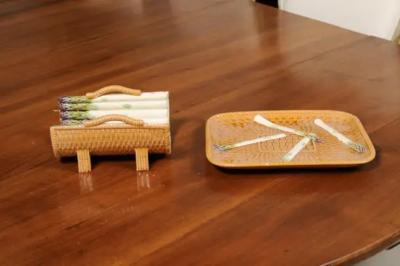 French 19th Century Majolica Asparagus Tray with Cradle and Wicker Motif