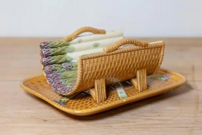 French 19th Century Majolica Asparagus Tray with Cradle and Wicker Motif