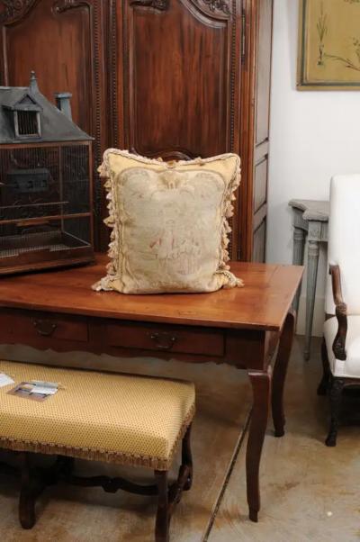French 19th Century Needlepoint Tapestry Pillow Depicting Two Artistocrates