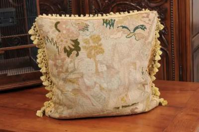 French 19th Century Needlepoint Tapestry Pillow Depicting a Man Courting a Woman