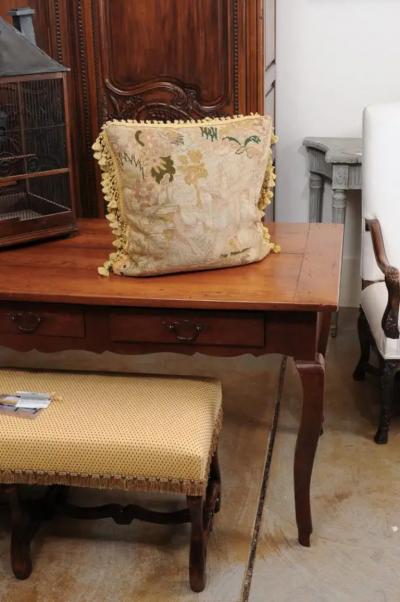 French 19th Century Needlepoint Tapestry Pillow Depicting a Man Courting a Woman