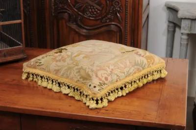 French 19th Century Needlepoint Tapestry Pillow Depicting a Man Courting a Woman