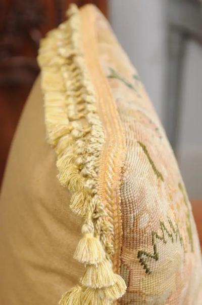 French 19th Century Needlepoint Tapestry Pillow Depicting a Man Courting a Woman