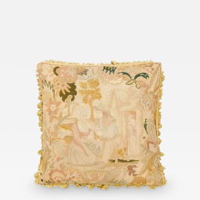 French 19th Century Needlepoint Tapestry Pillow Depicting a Man Courting a Woman