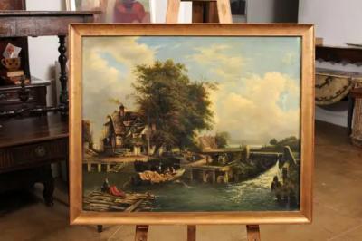 French 19th Century Oil Landscape Painting Depicting a Country Life Scene