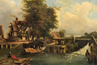 French 19th Century Oil Landscape Painting Depicting a Country Life Scene