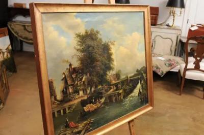 French 19th Century Oil Landscape Painting Depicting a Country Life Scene