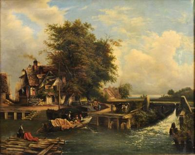 French 19th Century Oil Landscape Painting Depicting a Country Life Scene