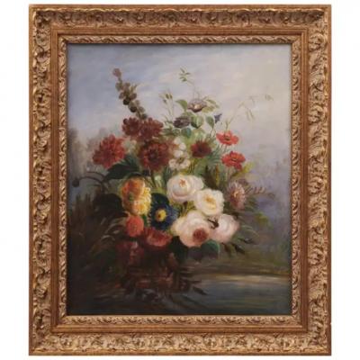 French 19th Century Oil on Canvas Floral Painting circa 1830 in Gilt Frame