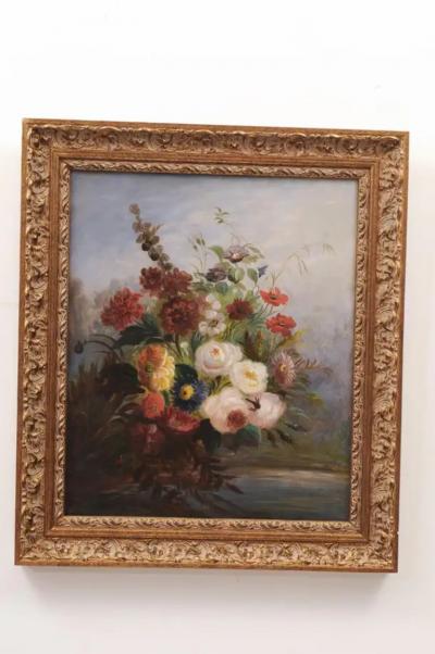French 19th Century Oil on Canvas Floral Painting circa 1830 in Gilt Frame