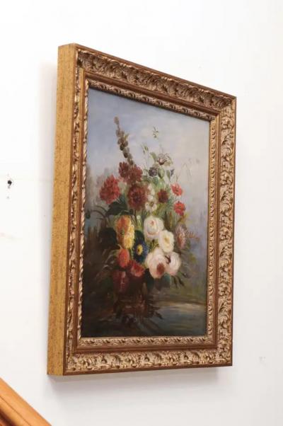 French 19th Century Oil on Canvas Floral Painting circa 1830 in Gilt Frame