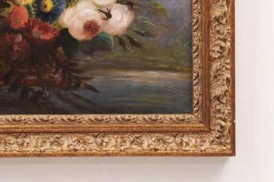 French 19th Century Oil on Canvas Floral Painting circa 1830 in Gilt Frame