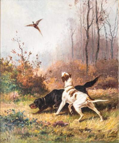 French 19th Century Oil on Canvas Hunting Scene Painting by B Lanoux in Frame
