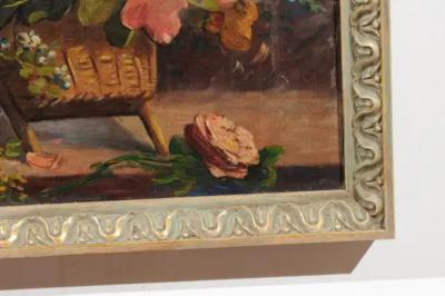 French 19th Century Oil on Canvas Still Life Painting Depicting Roses in Basket