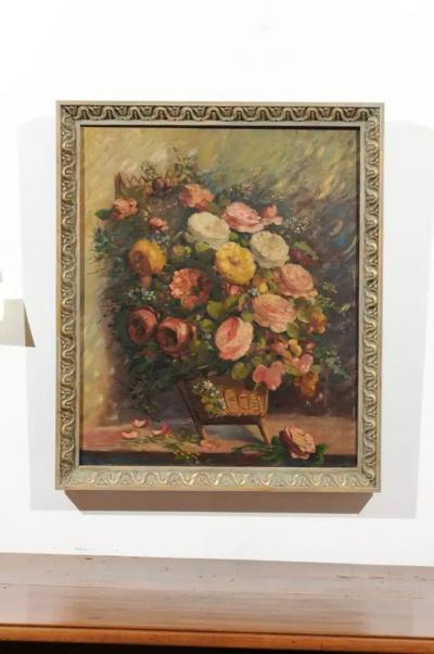 French 19th Century Oil on Canvas Still Life Painting Depicting Roses in Basket