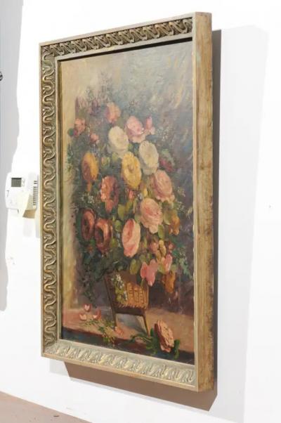 French 19th Century Oil on Canvas Still Life Painting Depicting Roses in Basket