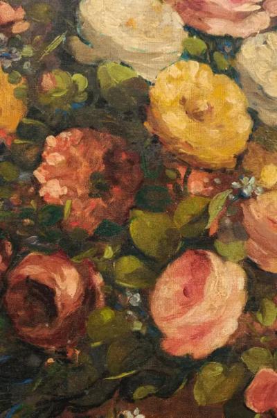 French 19th Century Oil on Canvas Still Life Painting Depicting Roses in Basket