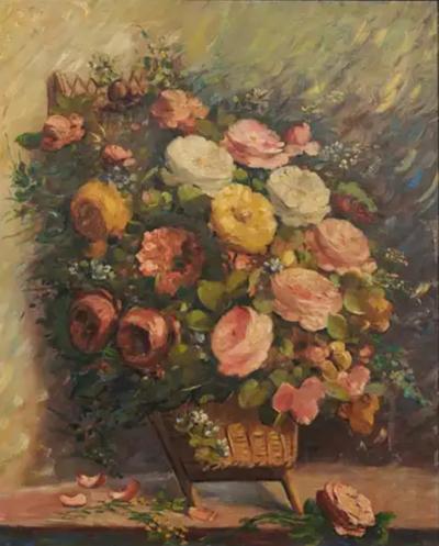 French 19th Century Oil on Canvas Still Life Painting Depicting Roses in Basket