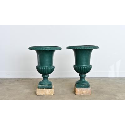 French 19th Century Pair of Cast Iron Urns on Stone Bases