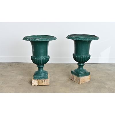 French 19th Century Pair of Cast Iron Urns on Stone Bases