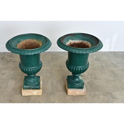 French 19th Century Pair of Cast Iron Urns on Stone Bases