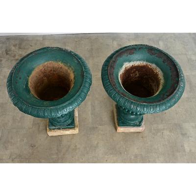 French 19th Century Pair of Cast Iron Urns on Stone Bases