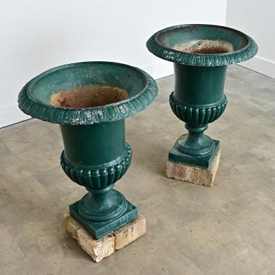 French 19th Century Pair of Cast Iron Urns on Stone Bases