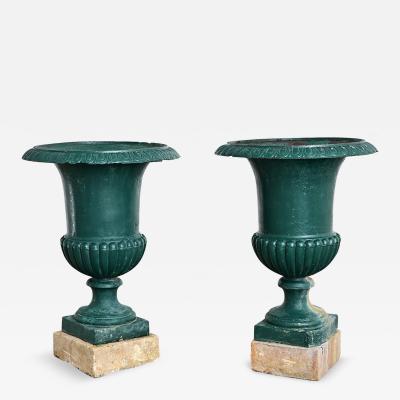 French 19th Century Pair of Cast Iron Urns on Stone Bases