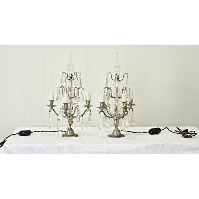 French 19th Century Pair of Wired Crystal Girandoles