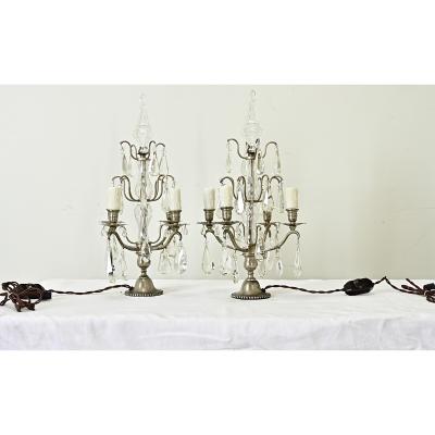 French 19th Century Pair of Wired Crystal Girandoles