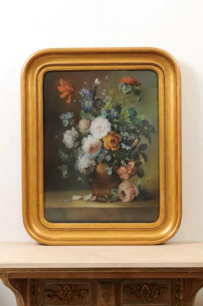 French 19th Century Paste Painting with Bouquet of Flowers in Giltwood Frame