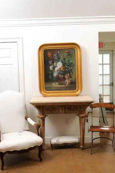 French 19th Century Paste Painting with Bouquet of Flowers in Giltwood Frame