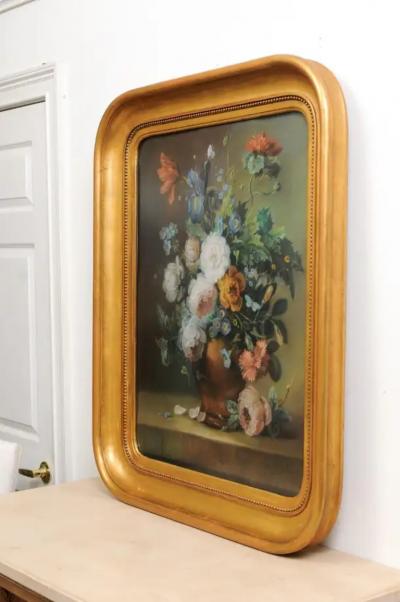French 19th Century Paste Painting with Bouquet of Flowers in Giltwood Frame