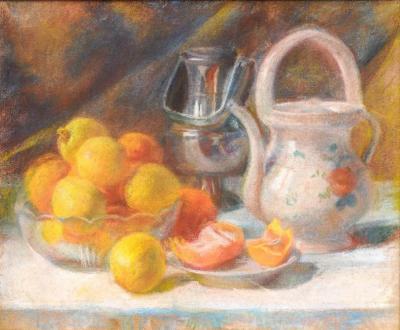 French 19th Century Pastel on Canvas Still Life Painting with Citrus in Bowl