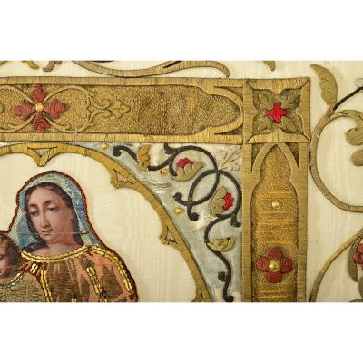 French 19th Century Raised Embroidery of Madonna Child