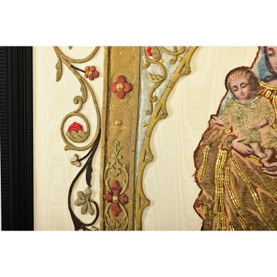 French 19th Century Raised Embroidery of Madonna Child